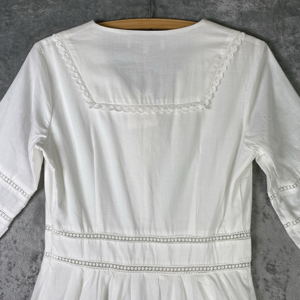 Simple Retro Dress Womens Size M White 100% Cotton Fiona Midi Cottage Lace Trim - Picture 12 of 16